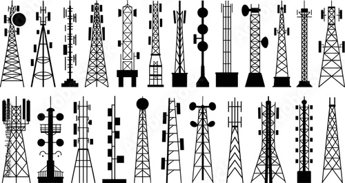 Telecommunication Towers Vector Icons Set: Diverse Silhouettes of Cell Mobile Antenna, Radio, and TV Broadcast Transmission Masts for Global Connectivity Infrastructure.