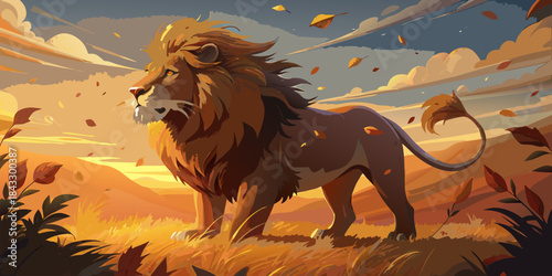 Majestic lion stands proudly in a vibrant autumn savanna landscape under a dramatic sunset sky