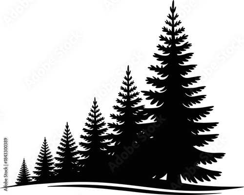 Title: Pine forest tree silhouette vector graphic design, isolated black nature landscape illustration, evergreen fir woods on white background, coniferous outdoor scenic backdrop.