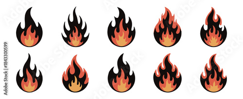 Set of dynamic colorful fire flames isolated on white background art graphic design element collection template