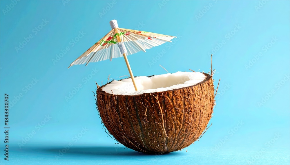 Fototapeta premium Cracked coconut with umbrella on blue backdrop