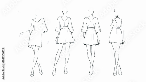 Hand Drawn Fashion Sketch Illustration Set of Women's Dresses