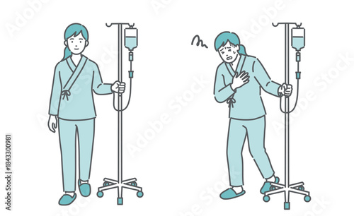 点滴スタンドを押して歩く女性と、胸を押さえて苦しむ女性（比較セット）