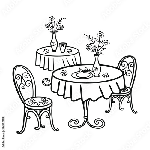 An empty wooden dining table with chairs and flowers creates a vintage interior design for a home kitchen or cafe restaurant garden