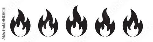 Set of fire flame icon isolated on white background, outline black flames in various forms collection