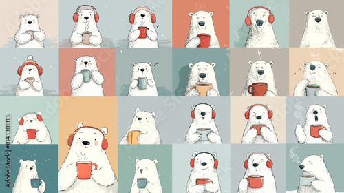 Cute polar bear illustrations holding warm drinks and wearing headphones in soft pastel backgrounds. Charming winter characters perfect for nursery design, kids decor, and seasonal artwork.