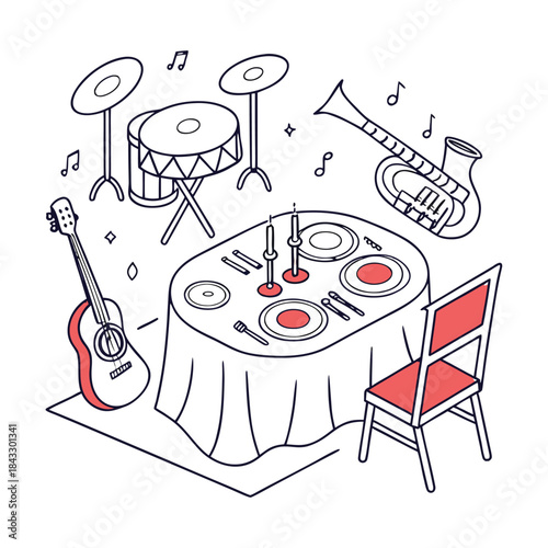 Hand drawn vector illustration set of vintage music icons, kitchen utensils, and a cartoon pizza sketch