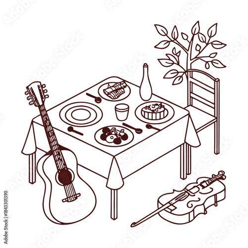 A set of vector musical instrument icons with a sketch design, including a guitar, trumpet, drum, piano, and violin illustration