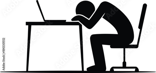 A black silhouette shows a tired person slumped over a laptop on a desk feeling exhausted