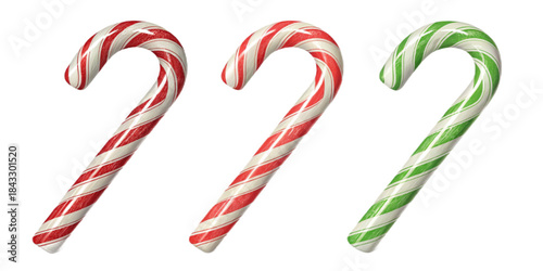 Realistic Christmas Candy Canes, Red White Green Festive Candy Vector Illustrations, Semi-Realistic Style