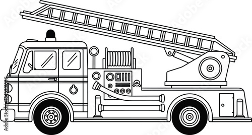 Detailed outline of a fire truck with extended ladder side view on transparent background