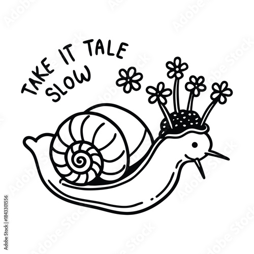 Cute cartoon snail with a spiral shell and flower on a white background vector illustration