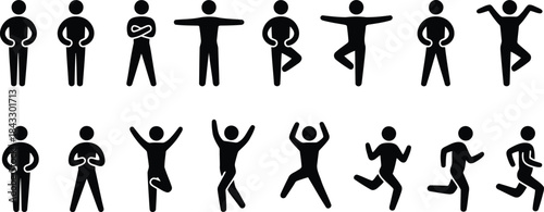 A collection of black stick figures on a white background illustrating different human poses and movements