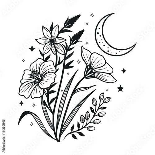 Abstract vector floral design illustration featuring a black silhouette flower and leaf pattern for spring decoration and card background art