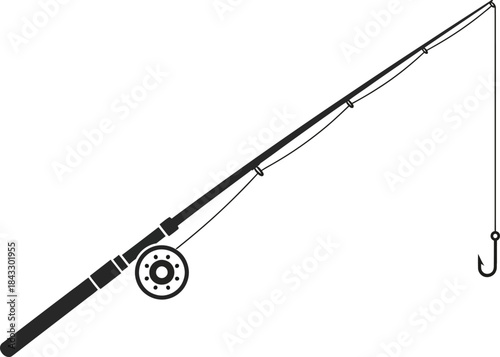 Simple black and white illustration of a fishing rod with line and hook on transparent background