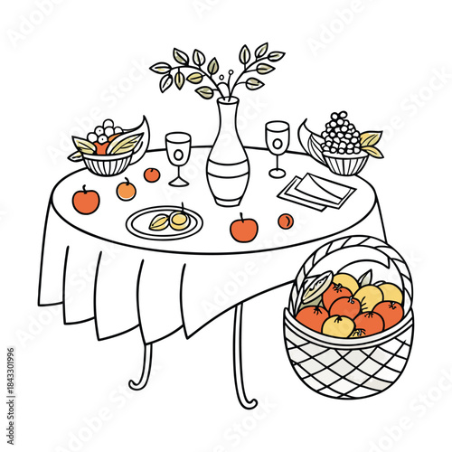 A colorful vector illustration collection of still life with fruits and berries including apple, orange, banana, tomato, and leaf symbols for a healthy food design set