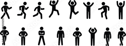 A diverse array of black stick figures on a white background showing different human actions and positions