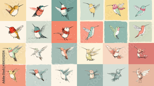 Vibrant hummingbird illustrations in motion with soft pastel backgrounds. Graceful flying birds perfect for nature themes, nursery design, kids decor, and decorative artwork.