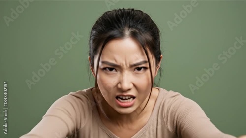 A beautiful young Asian woman with high cheekbones and almond-shaped eyes, her fists clenched tightly near her shoulders