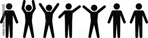 A diverse group of six black stick figures showing different stances and raised arm gestures on white