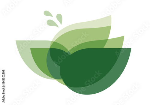 Abstract composition of overlapping green semitransparent shapes resembling leaves or water