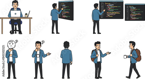 Illustration of programmers working and thinking various poses ideal for design projects on transparent background