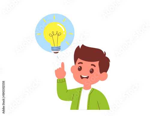 Cute Cartoon Boy Having an Idea with Light Bulb, Creative Thinking Illustration