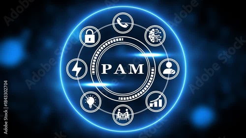 PAM Privileged Access Management Concept with Digital Icons and Neon Circle Keywords: PAM, privileged access, management, security, protection, defense, network, internet, technology, digital