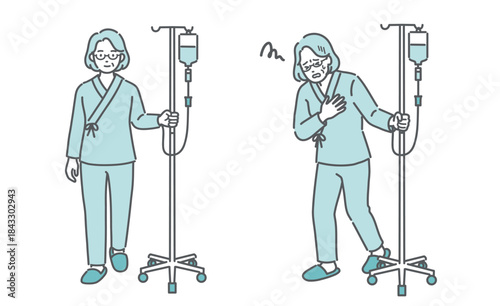 点滴スタンドを押して歩く高齢女性と、胸を押さえて苦しむ高齢女性（比較セット）