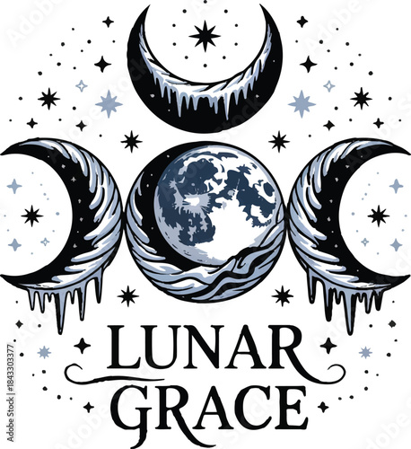 Artistic winter solstice illustration featuring celestial symbols, glowing moons, sacred geometry, seasonal trees, and ritual-inspired imagery. This atmospheric design represents the longest night of 