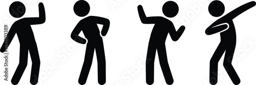 A sequence of four cheerful black stick figures joyfully dancing and celebrating various moments on white