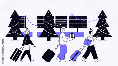 Winter Holiday Travel Illustration with People Pulling Suitcases in Snowy Forest