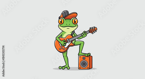 A cartoon frog wearing a cap plays an orange electric guitar with an amplifier against a plain background.