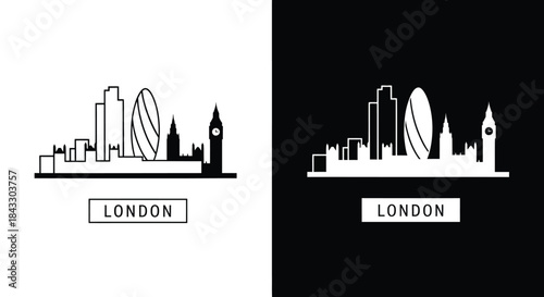 Black and white illustrations of London city skyline in two contrasting color schemes.