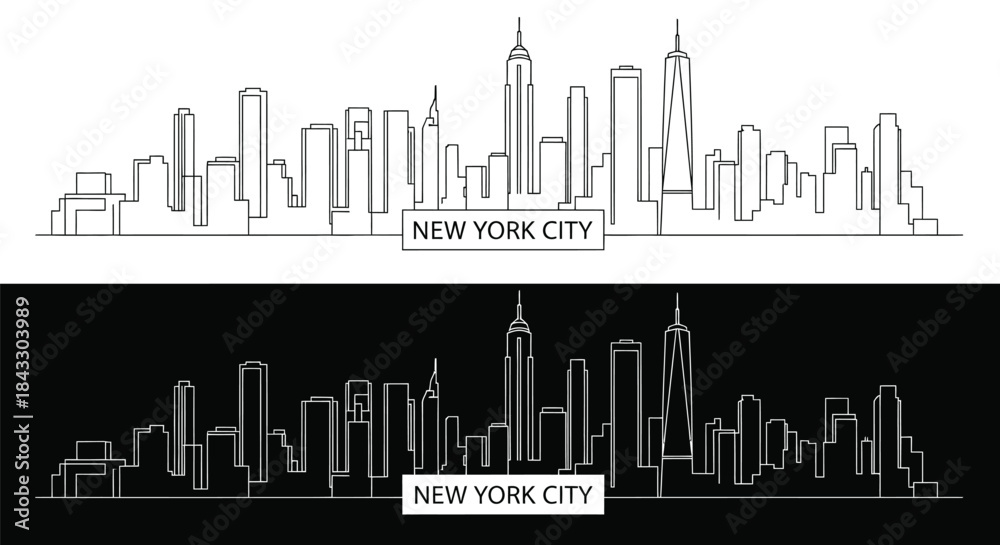 Fototapeta premium Line art illustrations of the New York City skyline in black and white on white and black backgrounds.