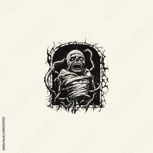 Horror illustration of an ancient mummy screaming with glowing eyes, wrapped and restrained by twisting, thick ropes or vines