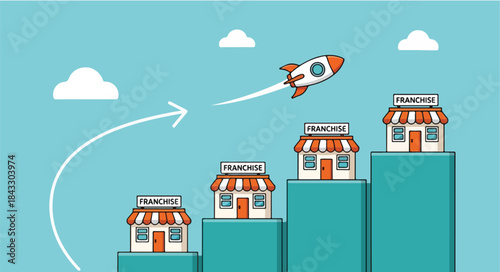 Illustration of a rocket soaring upwards with houses on ascending bars against a blue sky with clouds.