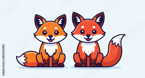 Two cartoon foxes sitting side by side on a plain background, with vibrant orange fur and white markings, in a graphic illustration.