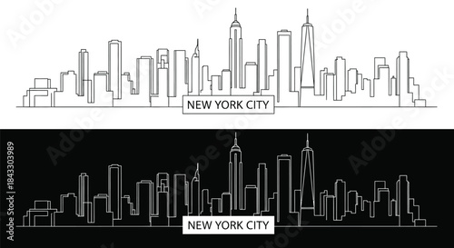 Line art illustrations of the New York City skyline in black and white on white and black backgrounds.
