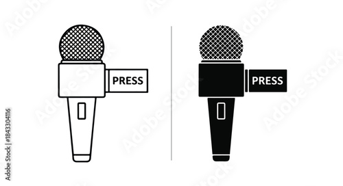 Black and white illustration of two microphones with press labels on a clean white background in a graphic style.
