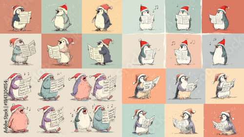 Cute penguin illustrations singing carols with music sheets and winter hats. Playful pastel artwork ideal for festive themes, kids decor, nursery designs, and seasonal holiday projects.