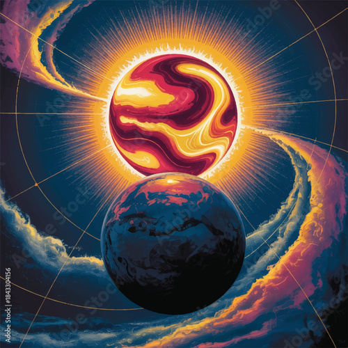 Artistic winter solstice illustration featuring celestial symbols, glowing moons, sacred geometry, seasonal trees, and ritual-inspired imagery. This atmospheric design represents the longest night of 