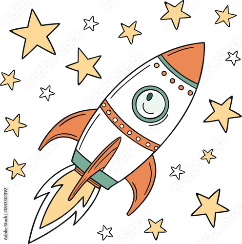 A fun cartoon vector illustration of a space rocket with stars, perfect as a travel icon or clipart design symbol