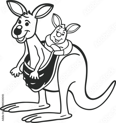 A cute cartoon illustration of a happy brown kangaroo and baby mammal with a funny smile, designed as a cheerful vector art character clipart for a comic drawing