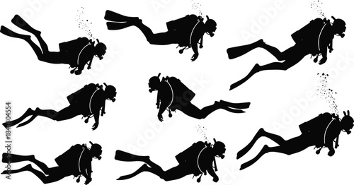 Scuba diver silhouettes underwater black and white vector illustration set, floating in ocean water, bubbles, snorkeling, diving school logo.