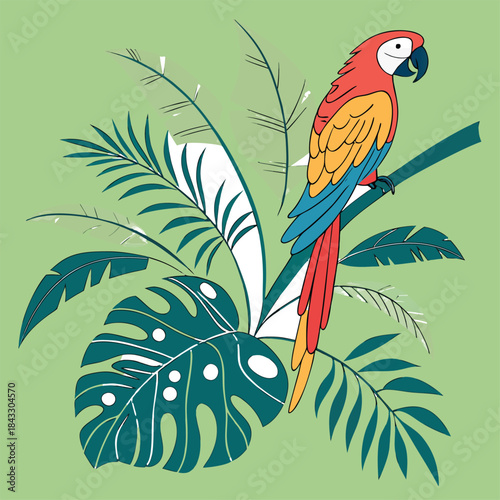 A colorful vector illustration of an exotic macaw parrot with vibrant feathers perched on a tropical jungle branch surrounded by green palm leaves and wild flowers in a nature-inspired art design