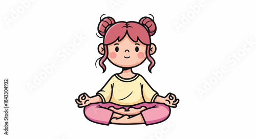 Cartoon illustration of a young girl sitting in lotus position with pink hair and casual clothing on a white background.