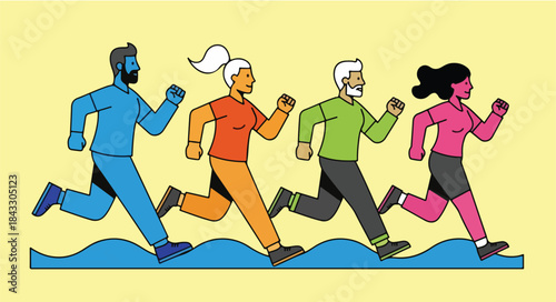 Illustration of four diverse people running together in a cartoon style against a bright yellow background with wavy blue lines.
