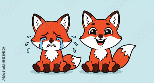 Two cartoon foxes sitting on a light blue background, one crying and the other smiling with tears on its face.