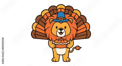 A cartoon lion wearing a pilgrim hat and holding a pie, standing against a plain white background with a playful mood.
